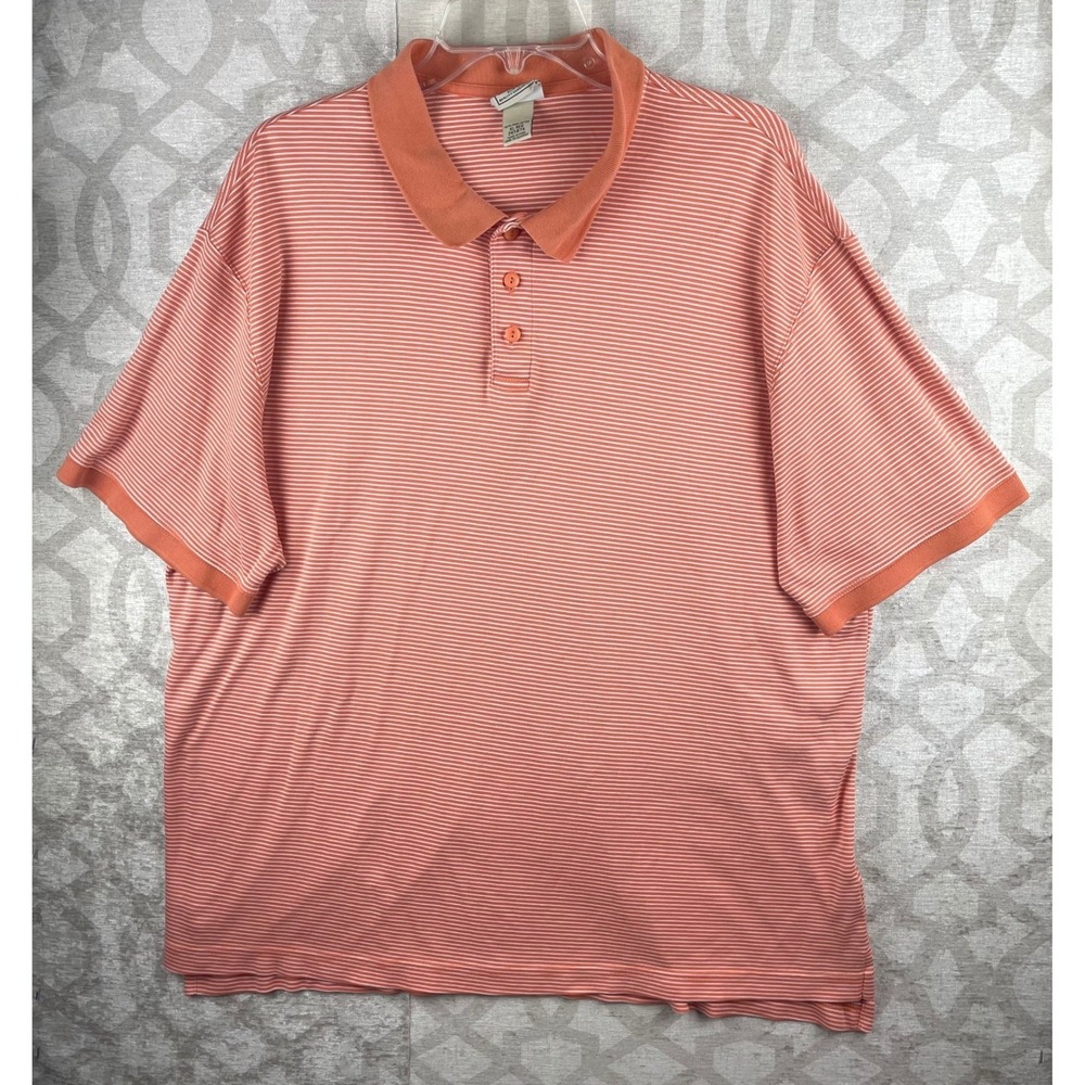 L.L. Bean Polo Shirt Mens XL Orange White Striped Pima Cotton Short Sleeve